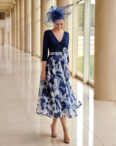 Navy Floral V-neck Dress