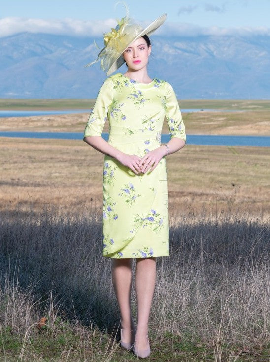 Lime Green 3/4 Sleeve Dress With Waist Embellishment